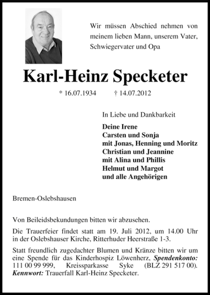 Traueranzeige von Karl-Heinz Specketer von WESER-KURIER