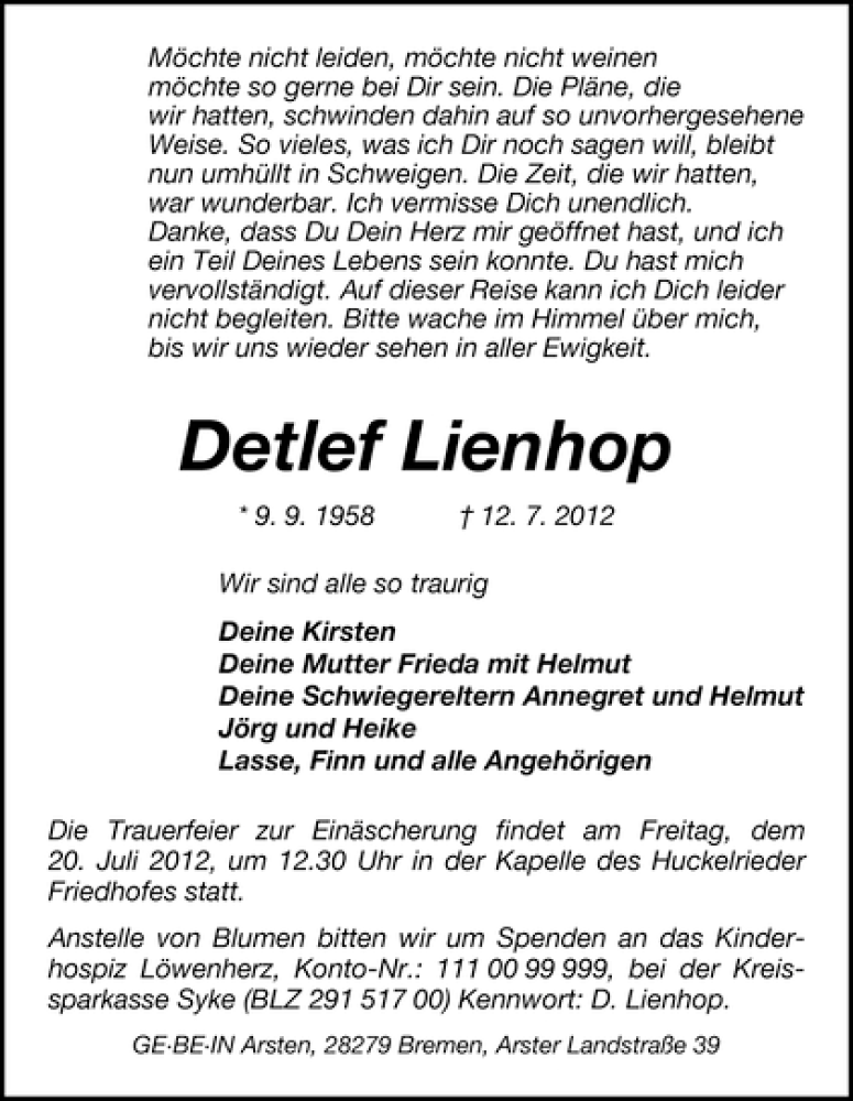 Traueranzeige von Detlef Lienhop von WESER-KURIER