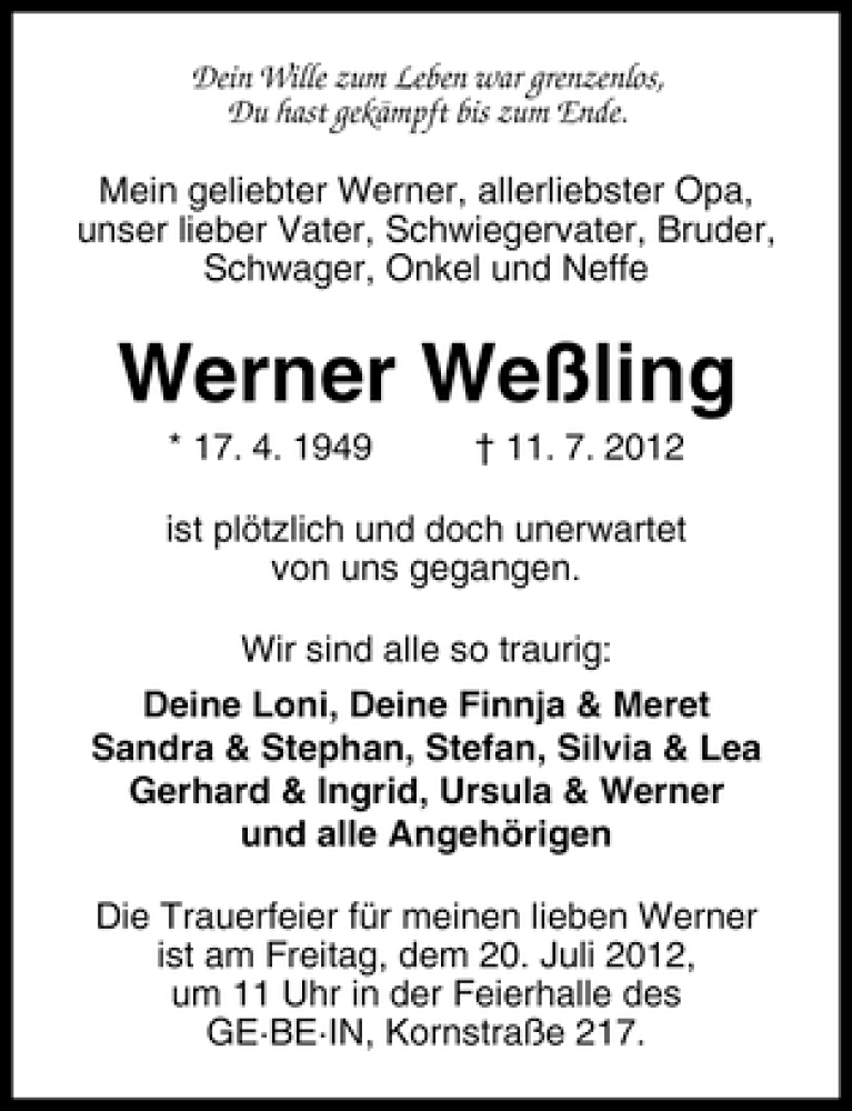 Traueranzeige von Werner Weßling von WESER-KURIER