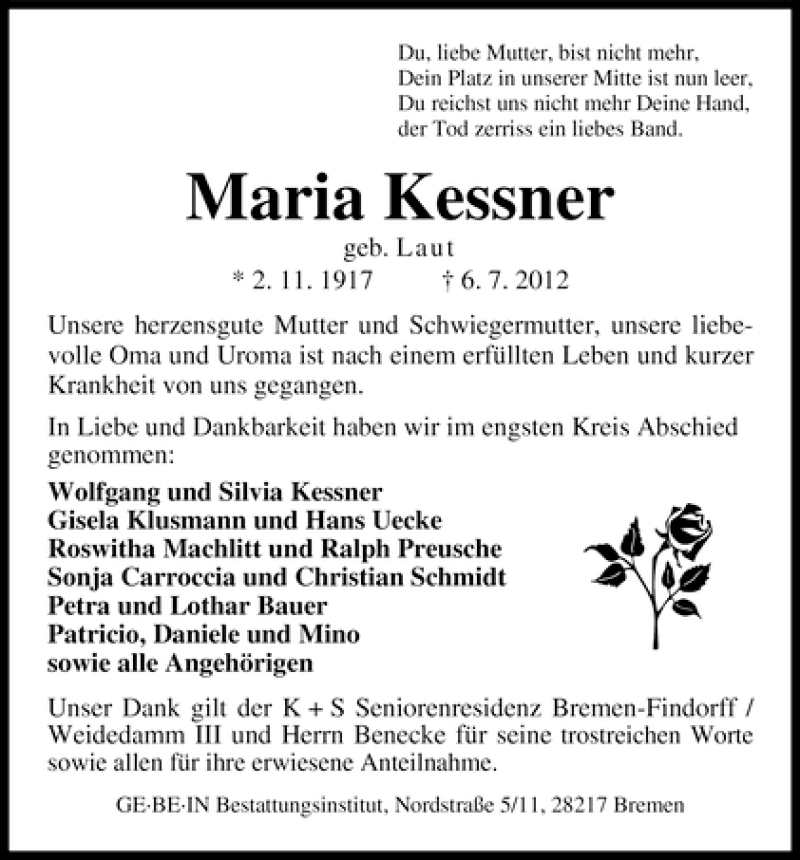 Traueranzeige von Maria Kessner von WESER-KURIER