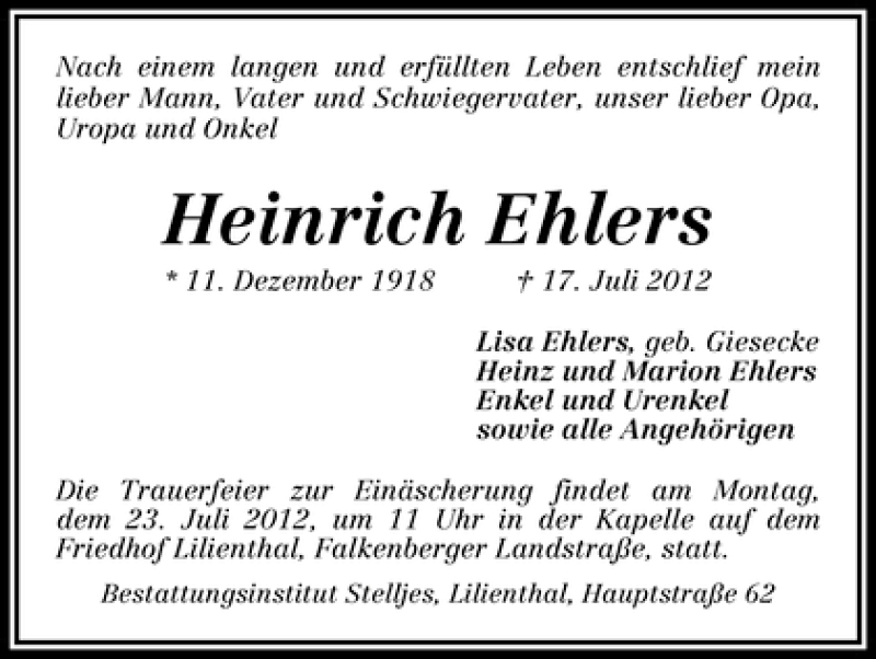 Traueranzeige von Heinrich Ehlers von WESER-KURIER