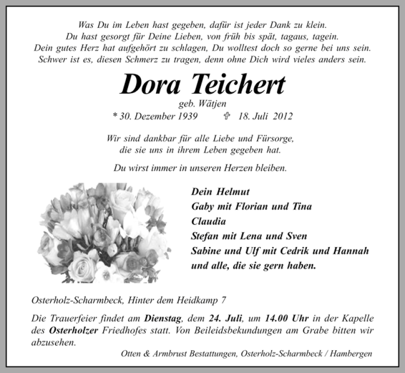 Traueranzeige von Dora Teichert von WESER-KURIER
