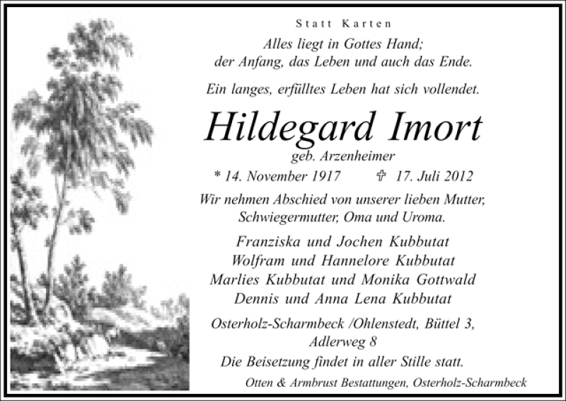 Traueranzeige von Hildegard Imort von WESER-KURIER
