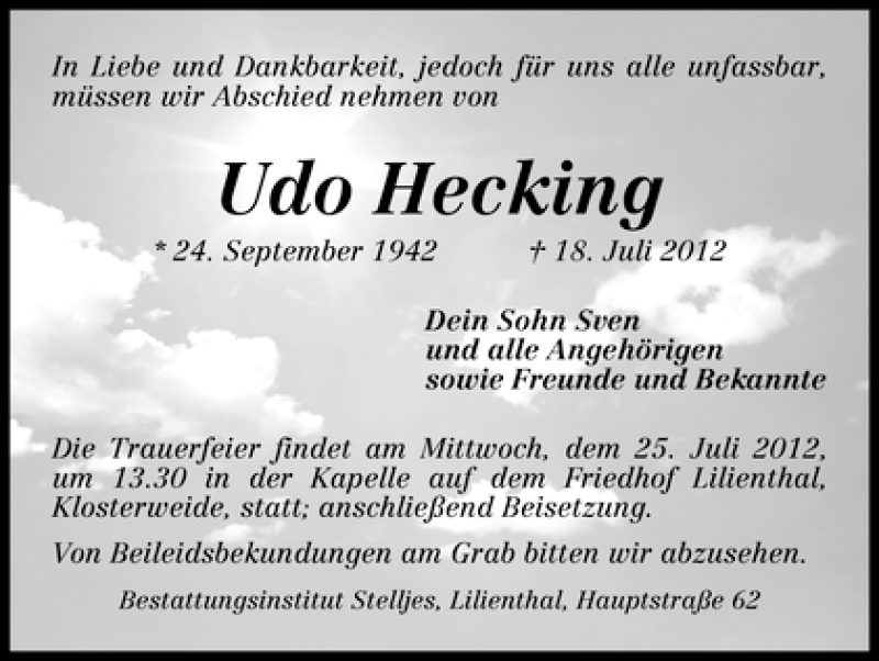 Traueranzeige von Udo Hecking von WESER-KURIER