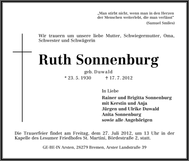 Traueranzeige von Ruth Sonnenburg von WESER-KURIER