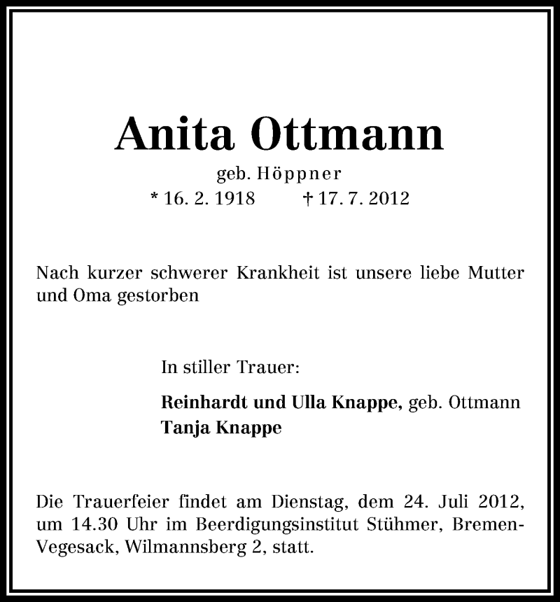 Traueranzeige von Anita Ottmann von WESER-KURIER