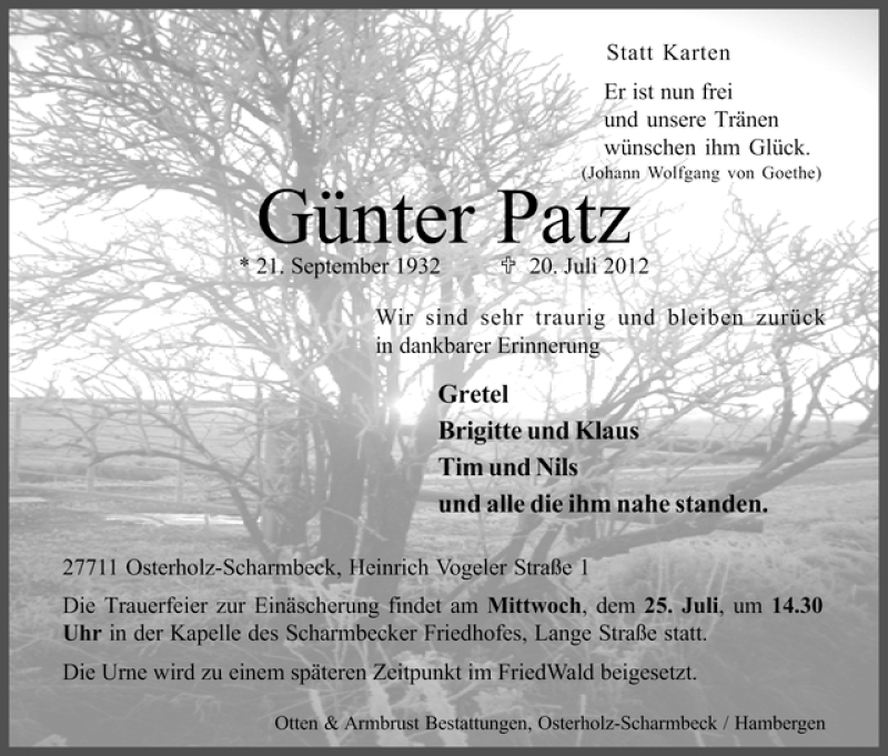  Traueranzeige für Günter Patz vom 23.07.2012 aus WESER-KURIER