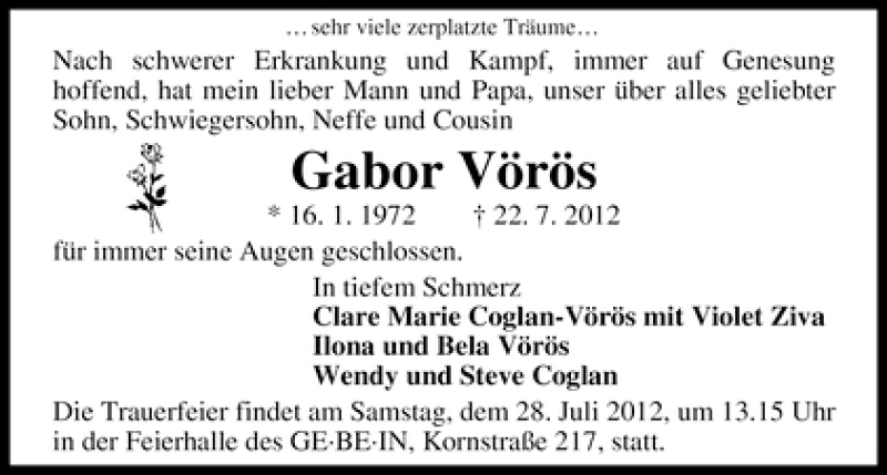  Traueranzeige für Gabor Vörös vom 25.07.2012 aus WESER-KURIER