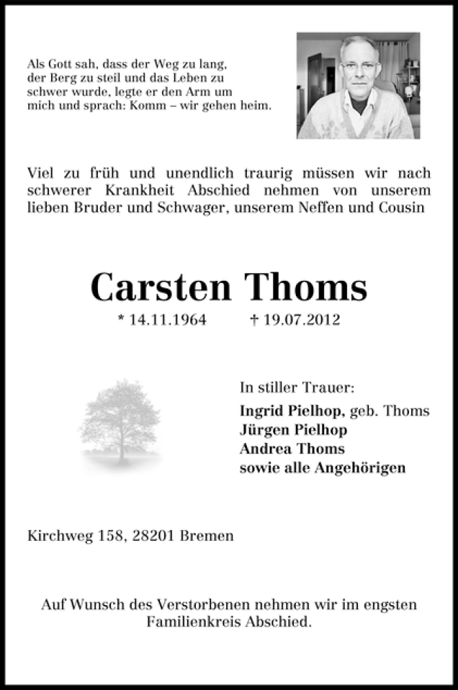  Traueranzeige für Carsten Thoms vom 25.07.2012 aus WESER-KURIER