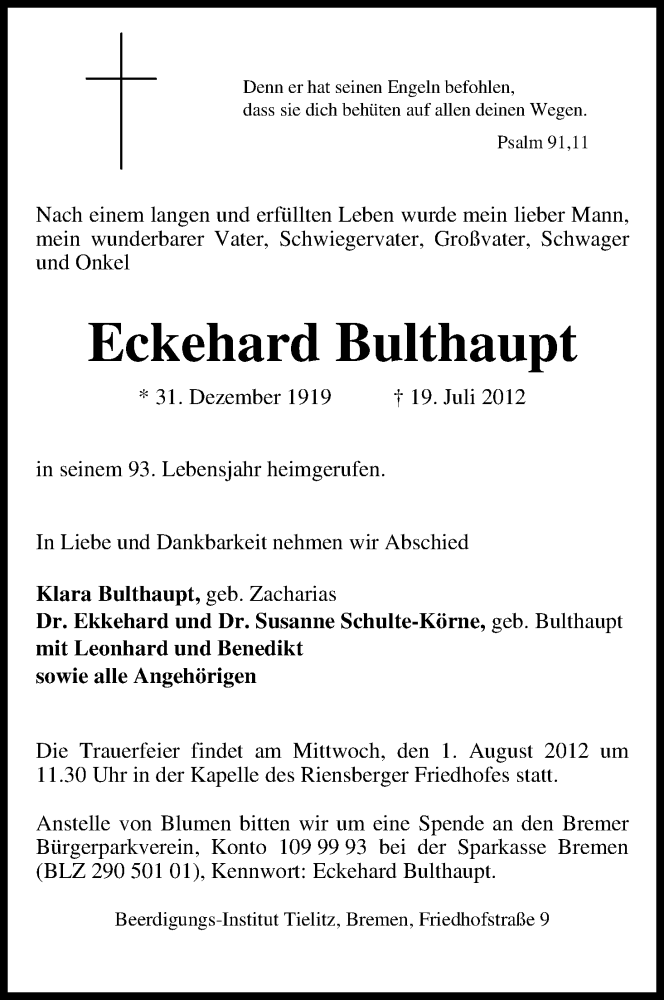 Traueranzeige von Eckehard Bulthaupt von WESER-KURIER