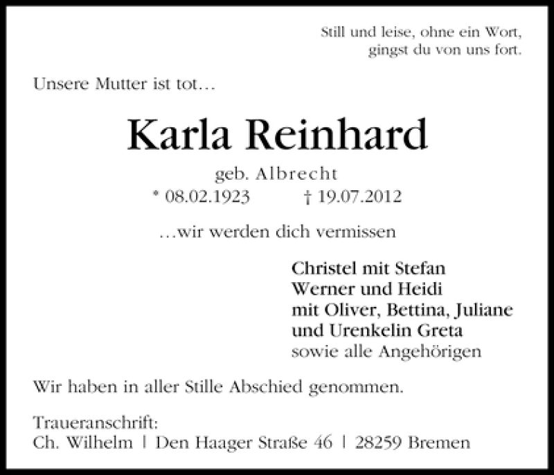 Traueranzeige von Karla Reinhard von WESER-KURIER