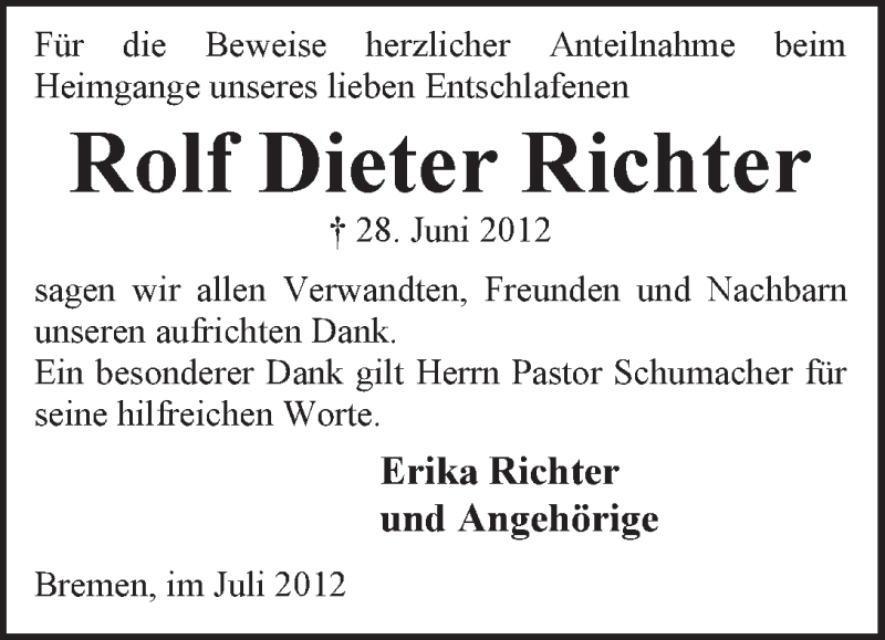  Traueranzeige für Rolf Dieter Richter vom 28.07.2012 aus Weser-Kurier