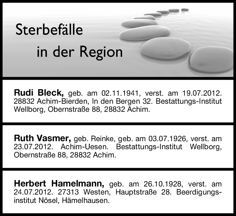 Traueranzeige von Sterbefälle vom 28.07.2012 von WESER-KURIER