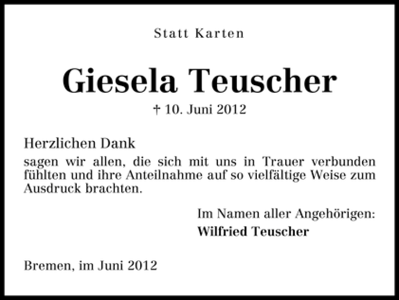 Traueranzeige von Giesela Teuscher von WESER-KURIER