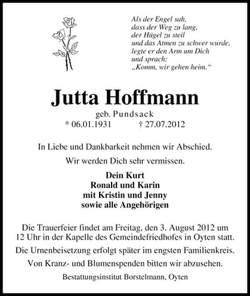 Traueranzeige von Jutta Hoffmann von WESER-KURIER