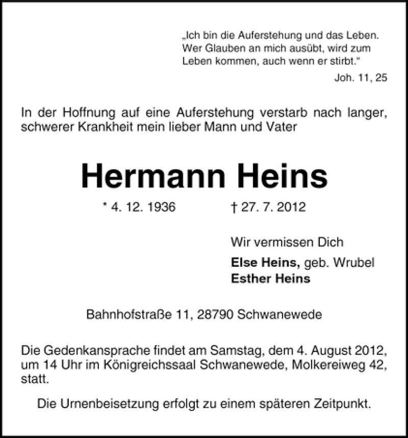 Traueranzeige von Hermann Heins von WESER-KURIER