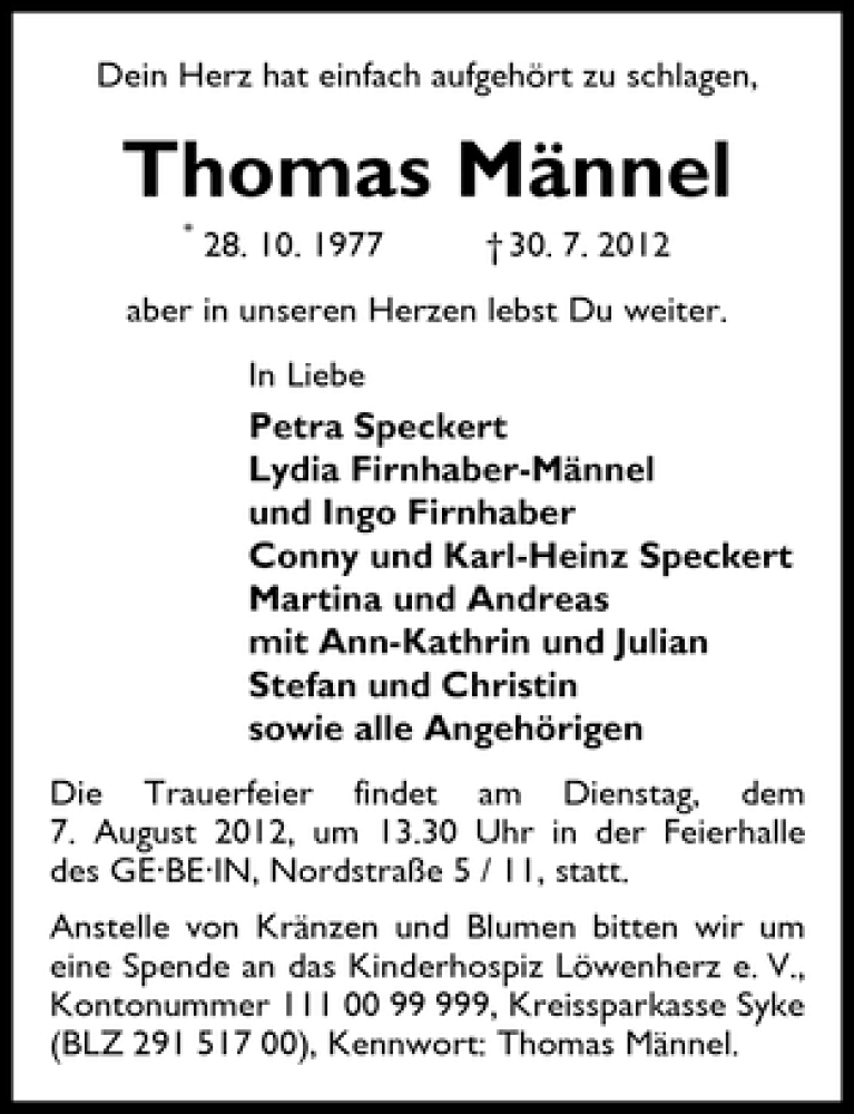  Traueranzeige für Thomas Männel vom 04.08.2012 aus WESER-KURIER