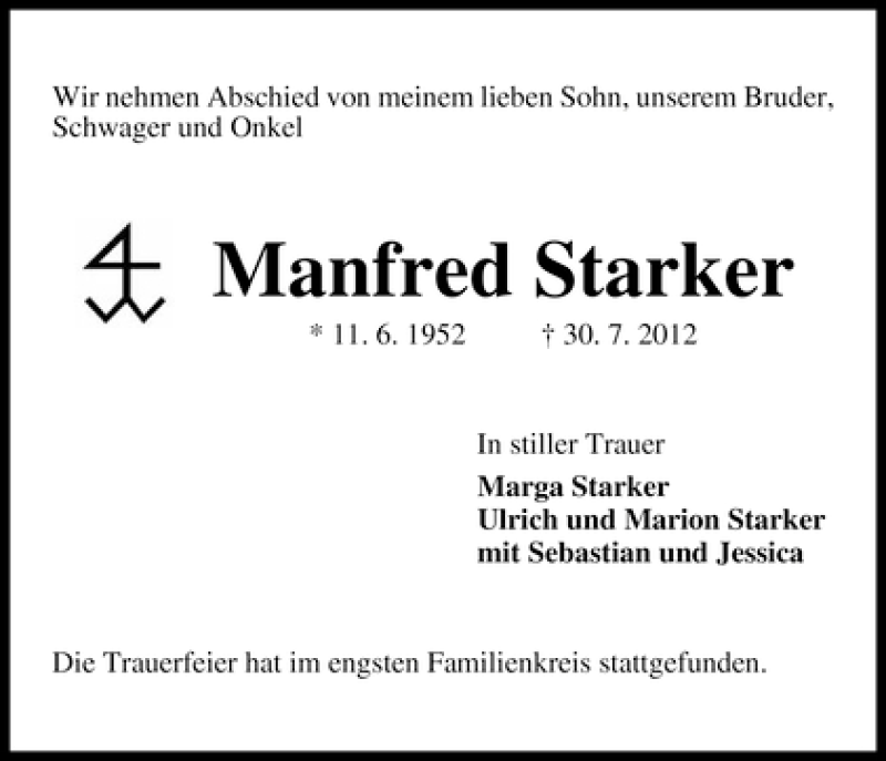 Traueranzeige von Manfred Starker von WESER-KURIER