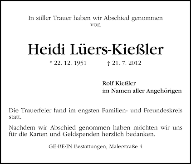 Traueranzeige von Heidi Lüers-Kießler von WESER-KURIER