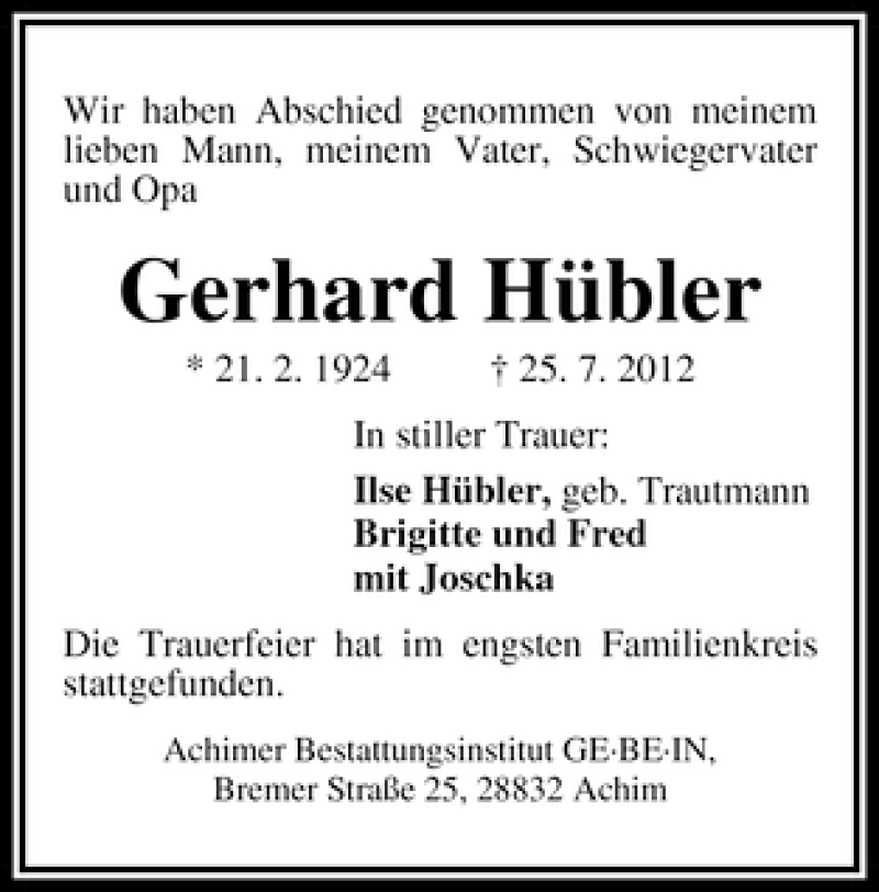 Traueranzeige von Gerhard Hübler von WESER-KURIER