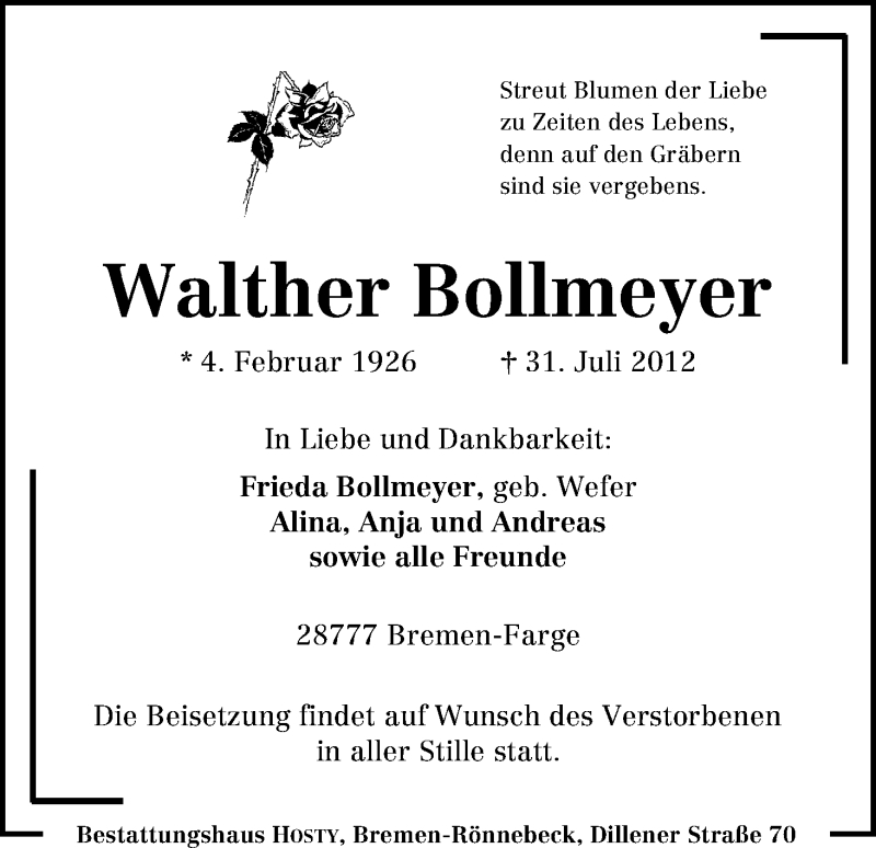 Traueranzeige von Walter Bollmeyer von WESER-KURIER