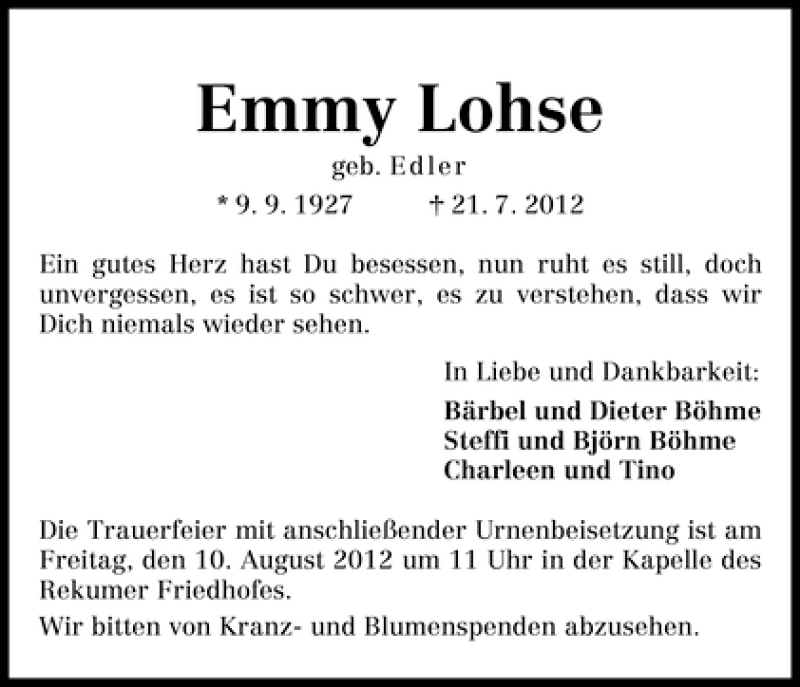 Traueranzeige von Emmy Lohse von WESER-KURIER