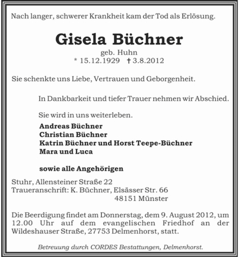 Traueranzeige von Gisela Büchner von WESER-KURIER