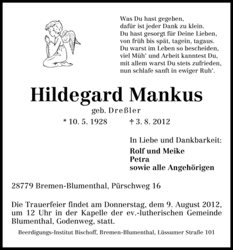 Traueranzeige von Hildegard Mankus von WESER-KURIER