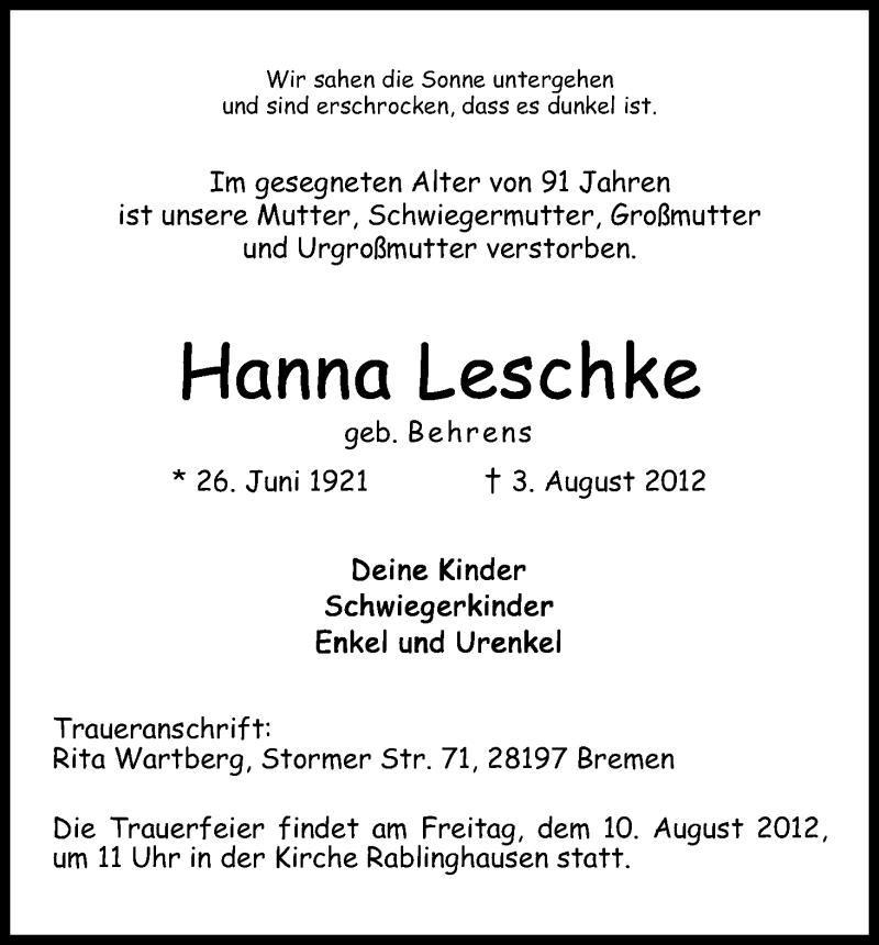 Traueranzeige von Hanna Leschke von WESER-KURIER