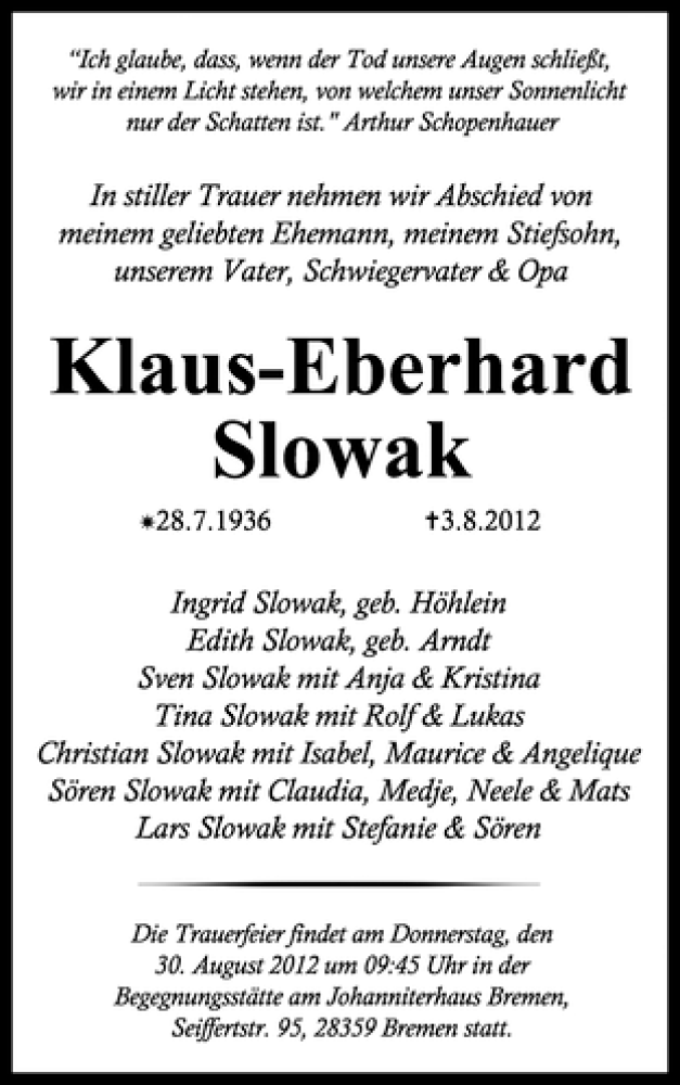 Traueranzeige von Klaus-Eberhard Slowak von WESER-KURIER