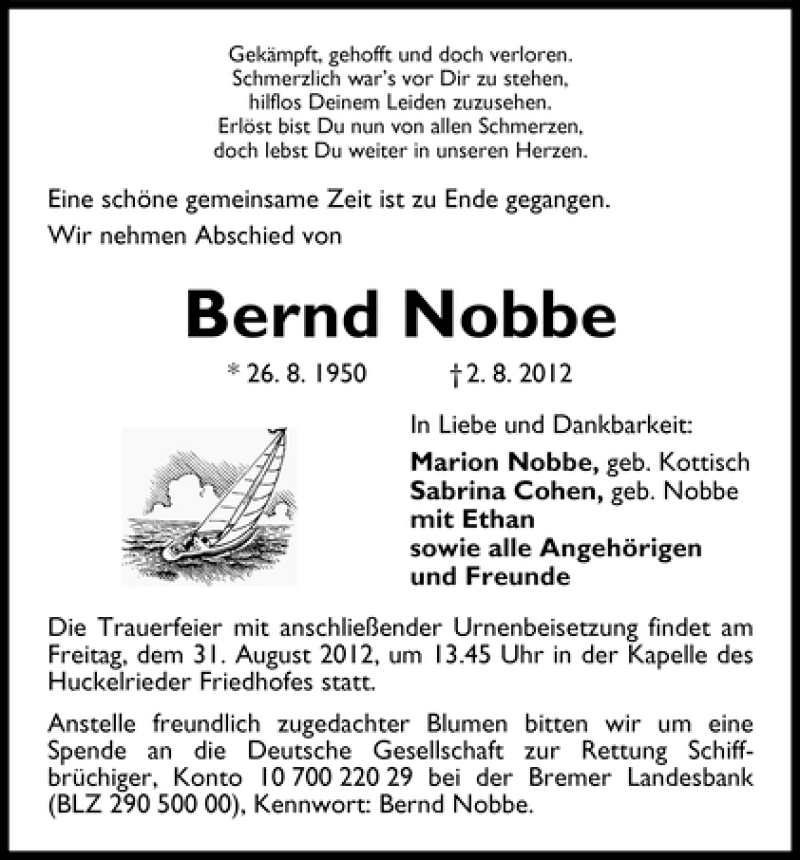 Traueranzeige von Bernd Nobbe von WESER-KURIER