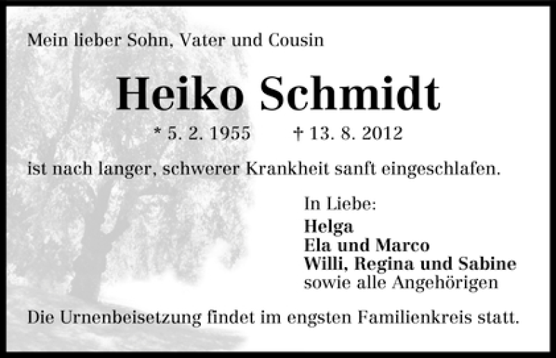Traueranzeige von Heiko Schmidt von WESER-KURIER