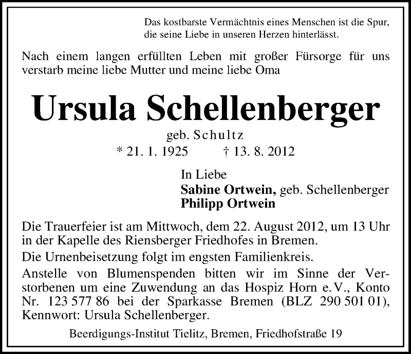 Traueranzeige von Ursula Schellenberger von WESER-KURIER