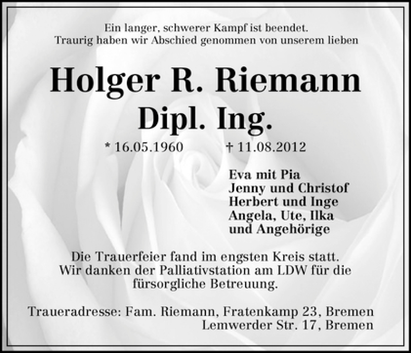 Traueranzeige von Holger R. Riemann von WESER-KURIER