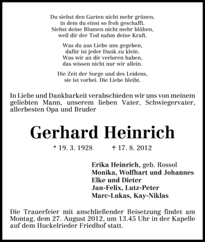 Traueranzeige von Gerhard Heinrich von WESER-KURIER