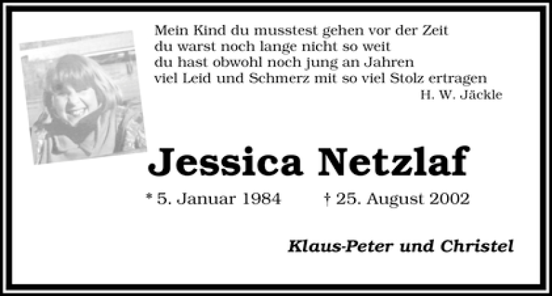  Traueranzeige für Jessica Netzlaf vom 25.08.2012 aus WESER-KURIER