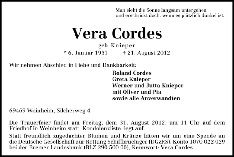 Traueranzeigen Von Vera Cordes Trauer Gedenken