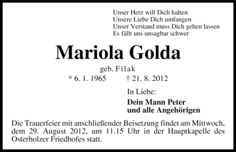 Traueranzeige von Mariola Golda von WESER-KURIER