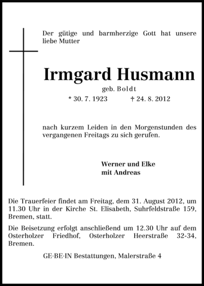 Traueranzeige von Irmgard Husmann von WESER-KURIER
