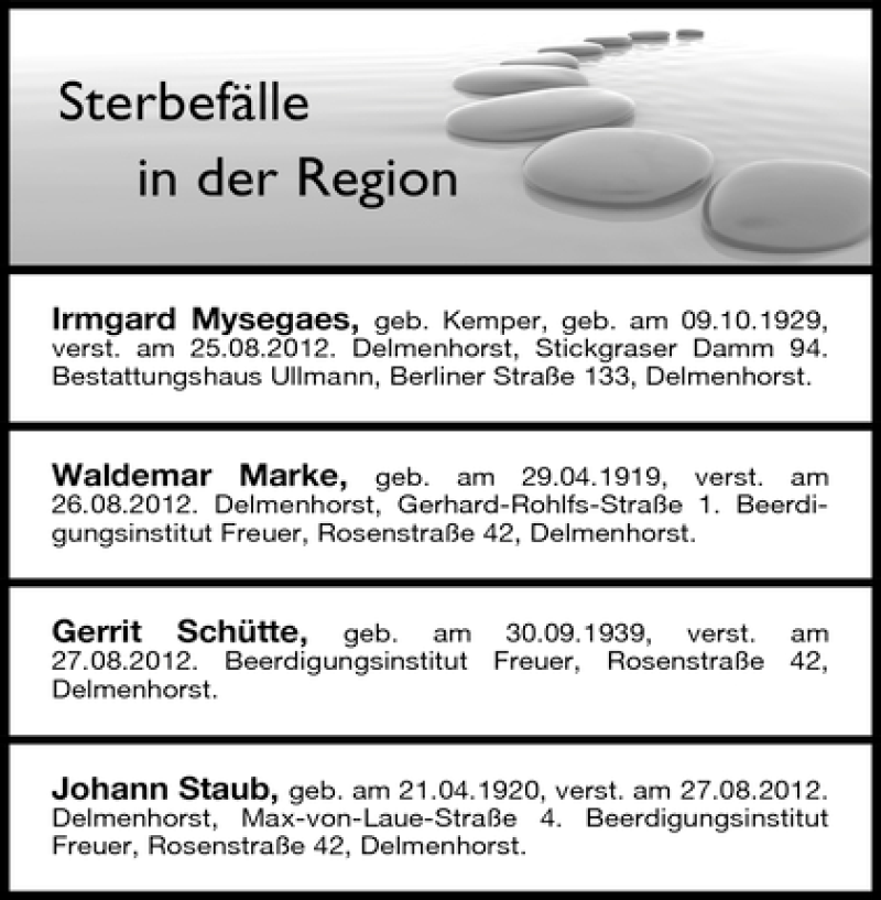 Traueranzeige von Sterbefälle in der Region Delmenhorst von WESER-KURIER