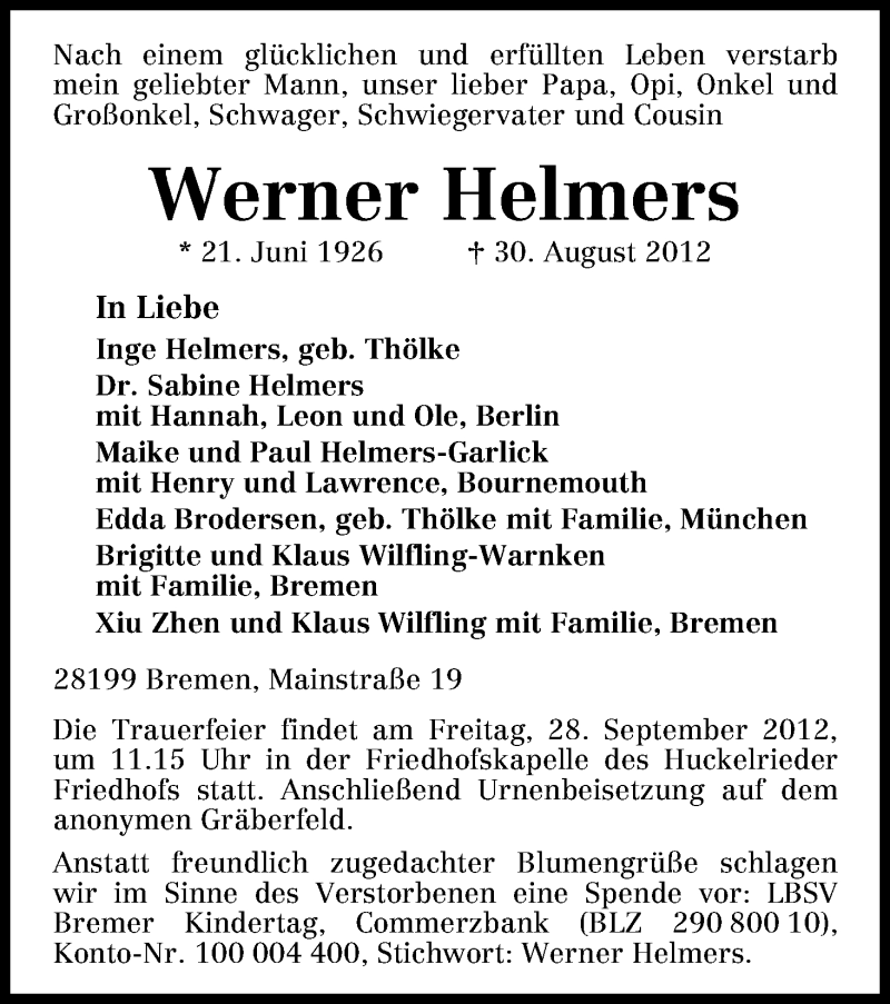  Traueranzeige für Werner Helmers vom 06.09.2012 aus WESER-KURIER