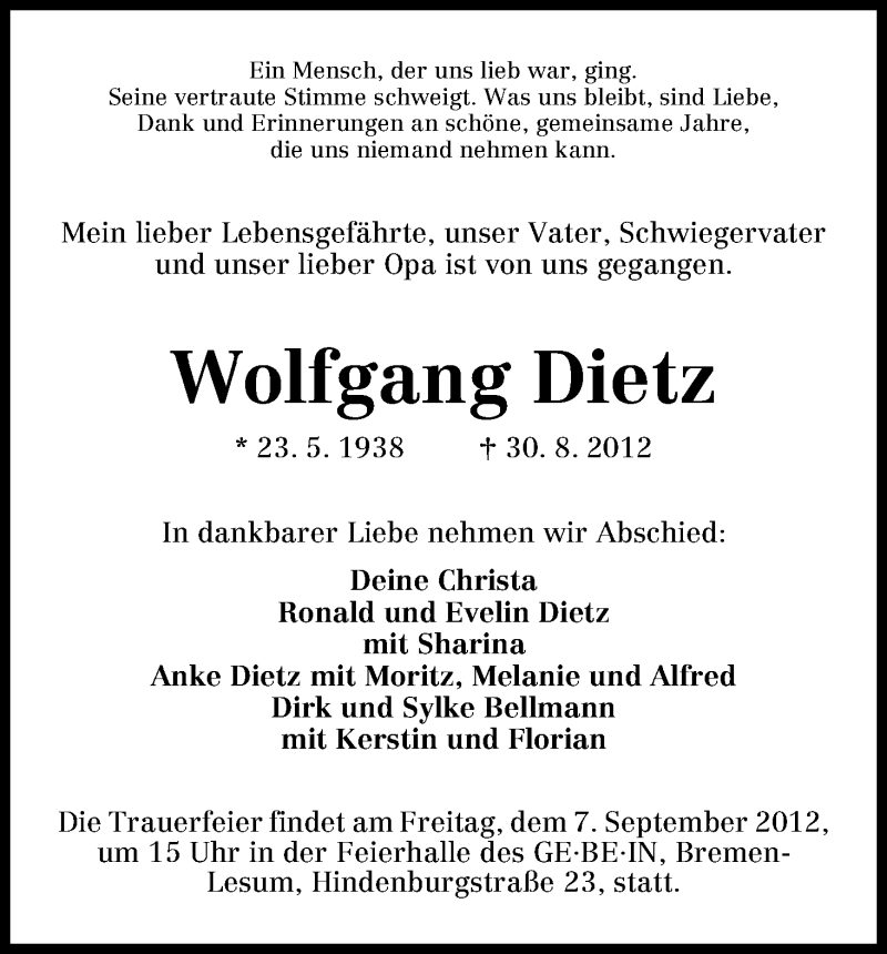 Traueranzeige von Wolfgang Dietz von WESER-KURIER