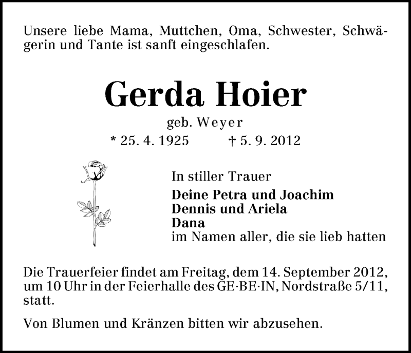Traueranzeige von Gerda Hoier von WESER-KURIER