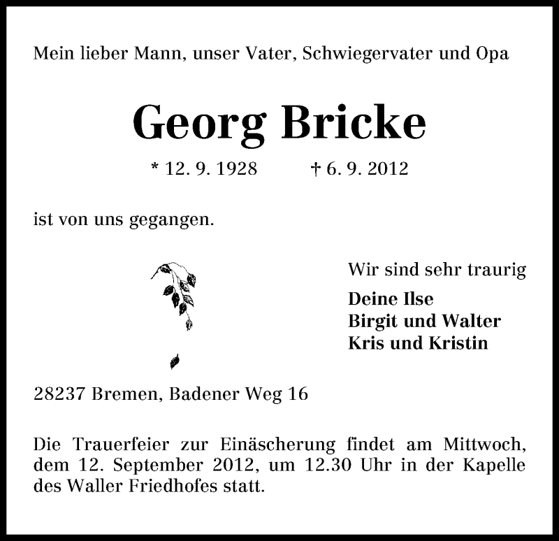 Traueranzeige von Georg Bricke von WESER-KURIER