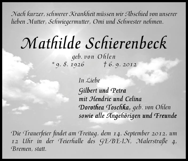 Traueranzeige von Mathilde Schierenbeck von WESER-KURIER