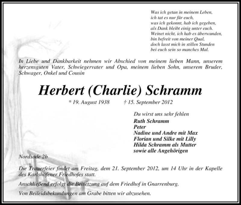 Traueranzeige von Herbert Schramm von WESER-KURIER