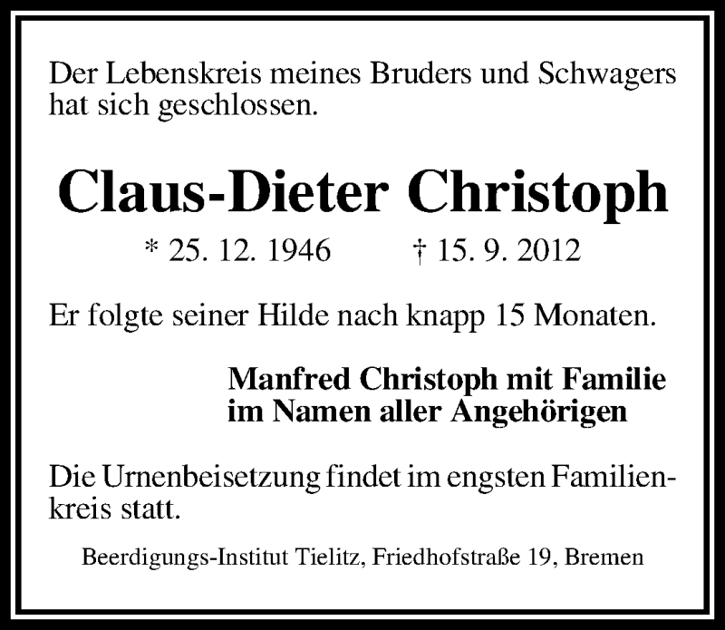 Traueranzeige von Claus-Dieter Christoph von WESER-KURIER