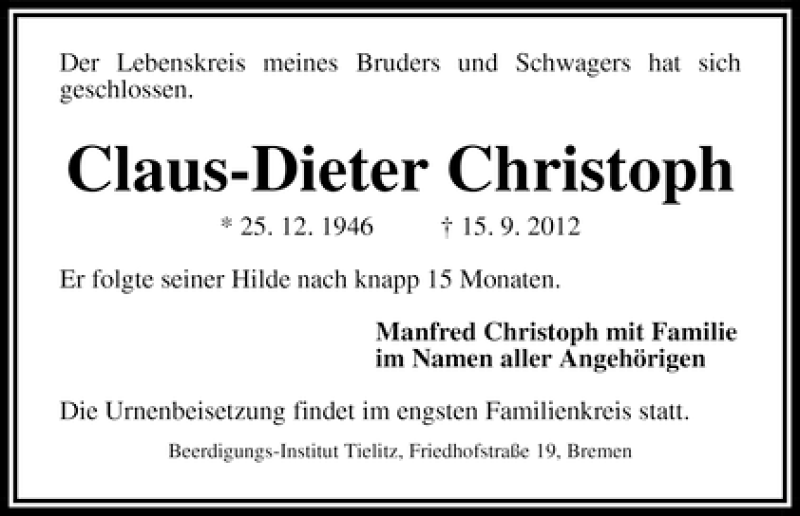 Traueranzeige von Claus-Dieter Christoph von WESER-KURIER