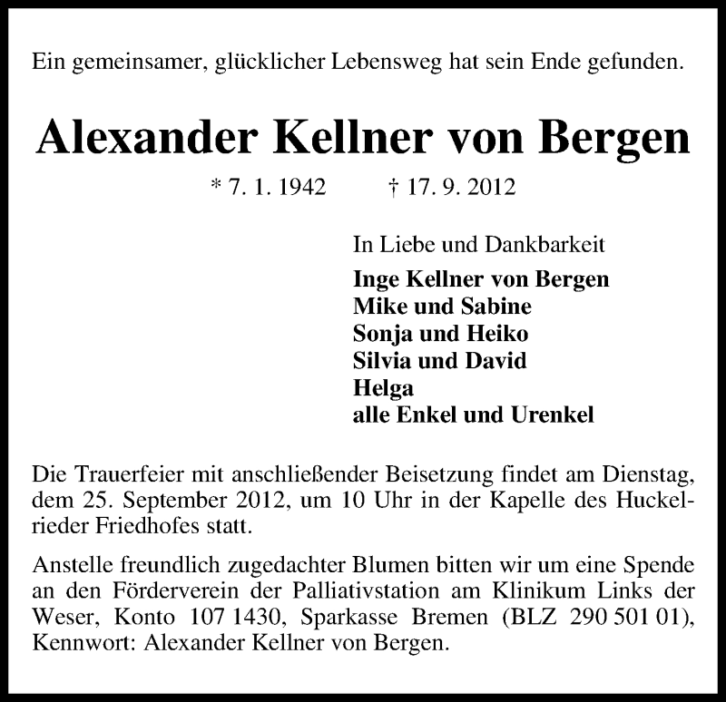 Traueranzeige von Alexander Kellner von Bergen von WESER-KURIER