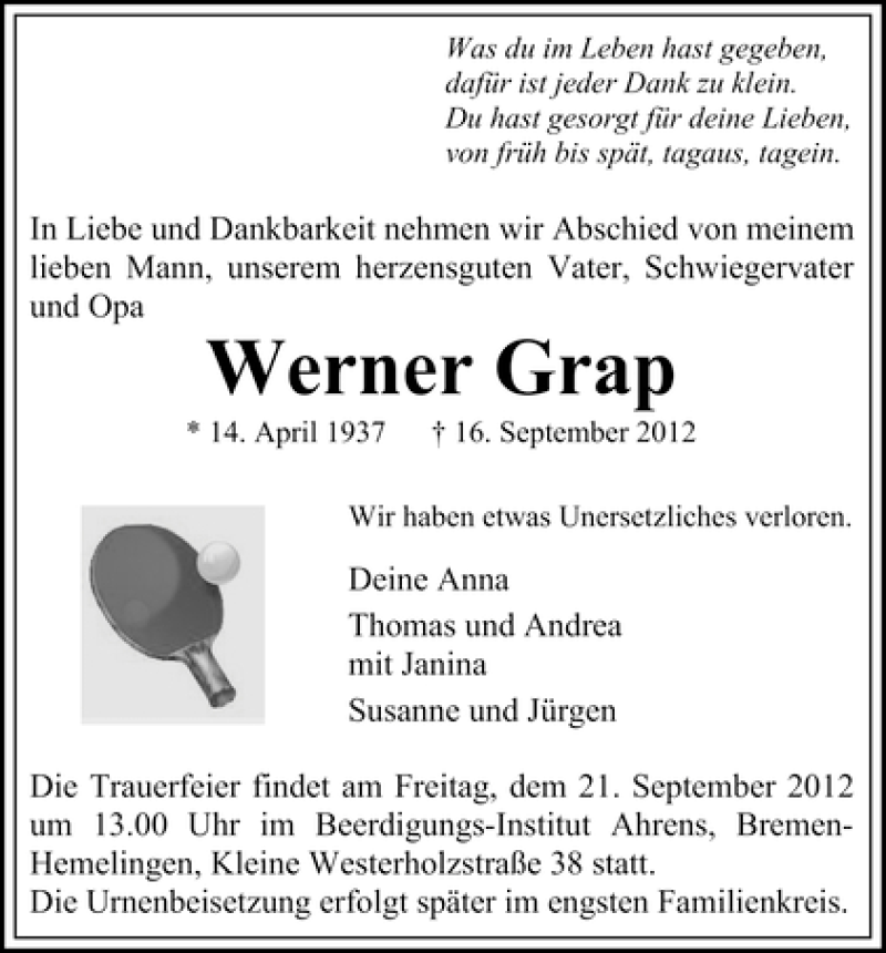  Traueranzeige für Werner Grap vom 20.09.2012 aus WESER-KURIER